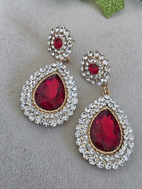 Statement Gold with Red Rhinestone Teardrop Earrings